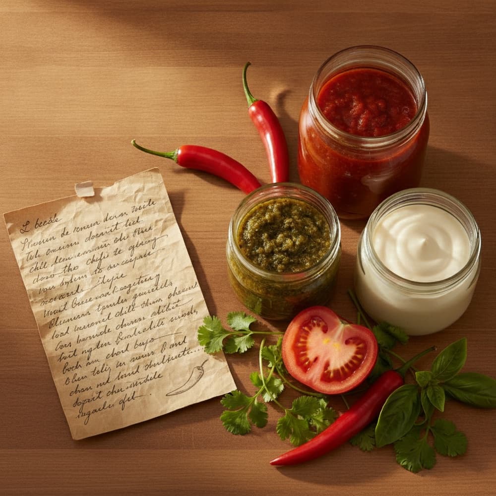 Symbolbild — Rezeptkarte mit drei hauseigenen Saucen